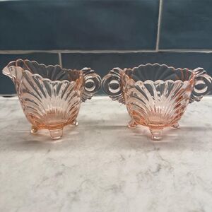Vintage Cambridge Pink Glass Creamer and Sugar Set with Loop Handles
